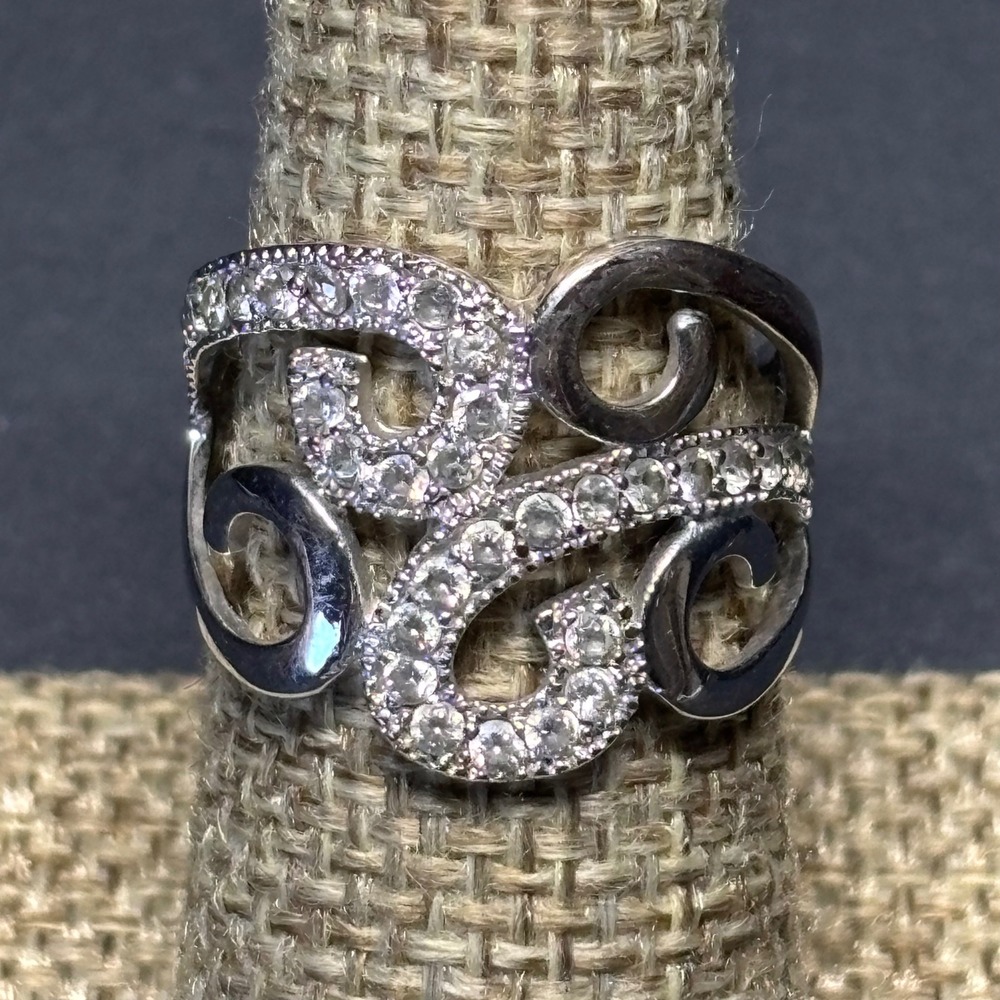 Signed Anatolia AN TH Silver Tone Pave Crystal Wide Scroll Statement Ring 8 Y2K